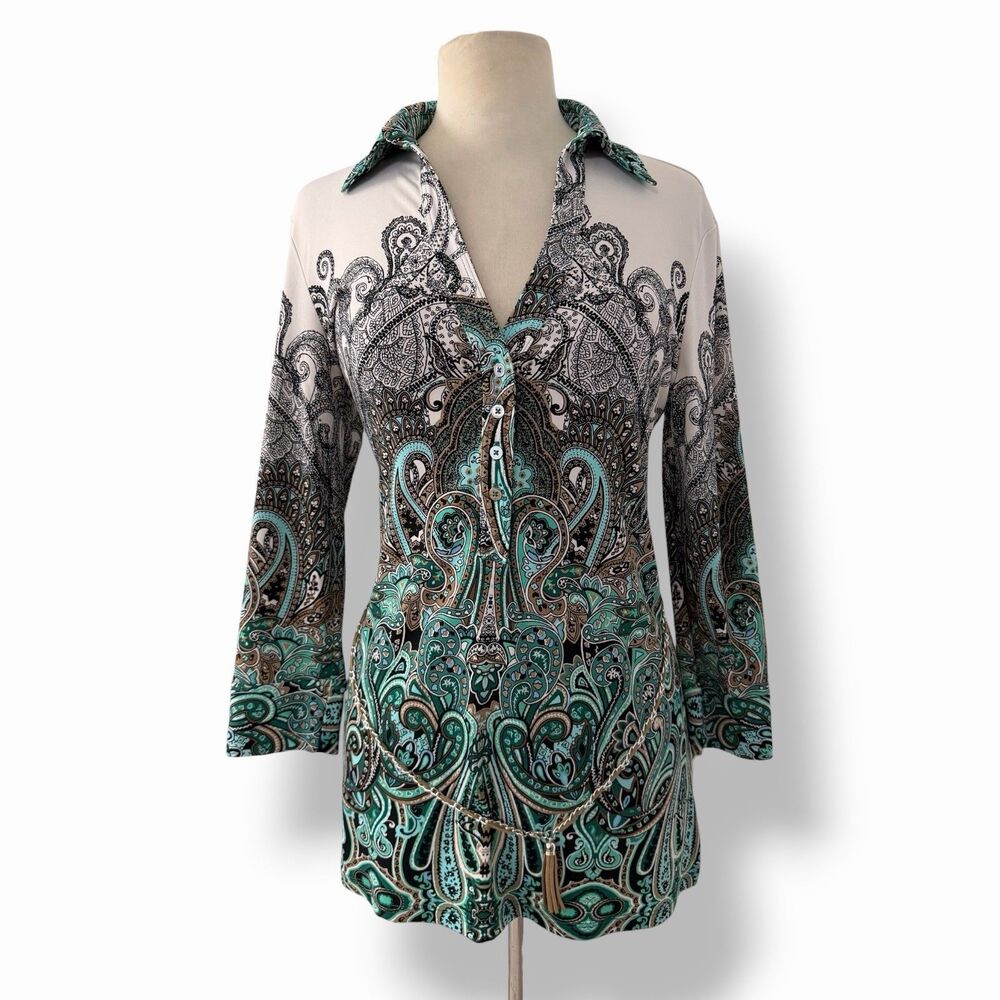 VTG Cache Paisley Tunic Top Blouse Medium Teal Green Chain Accent Y2K Baddie
